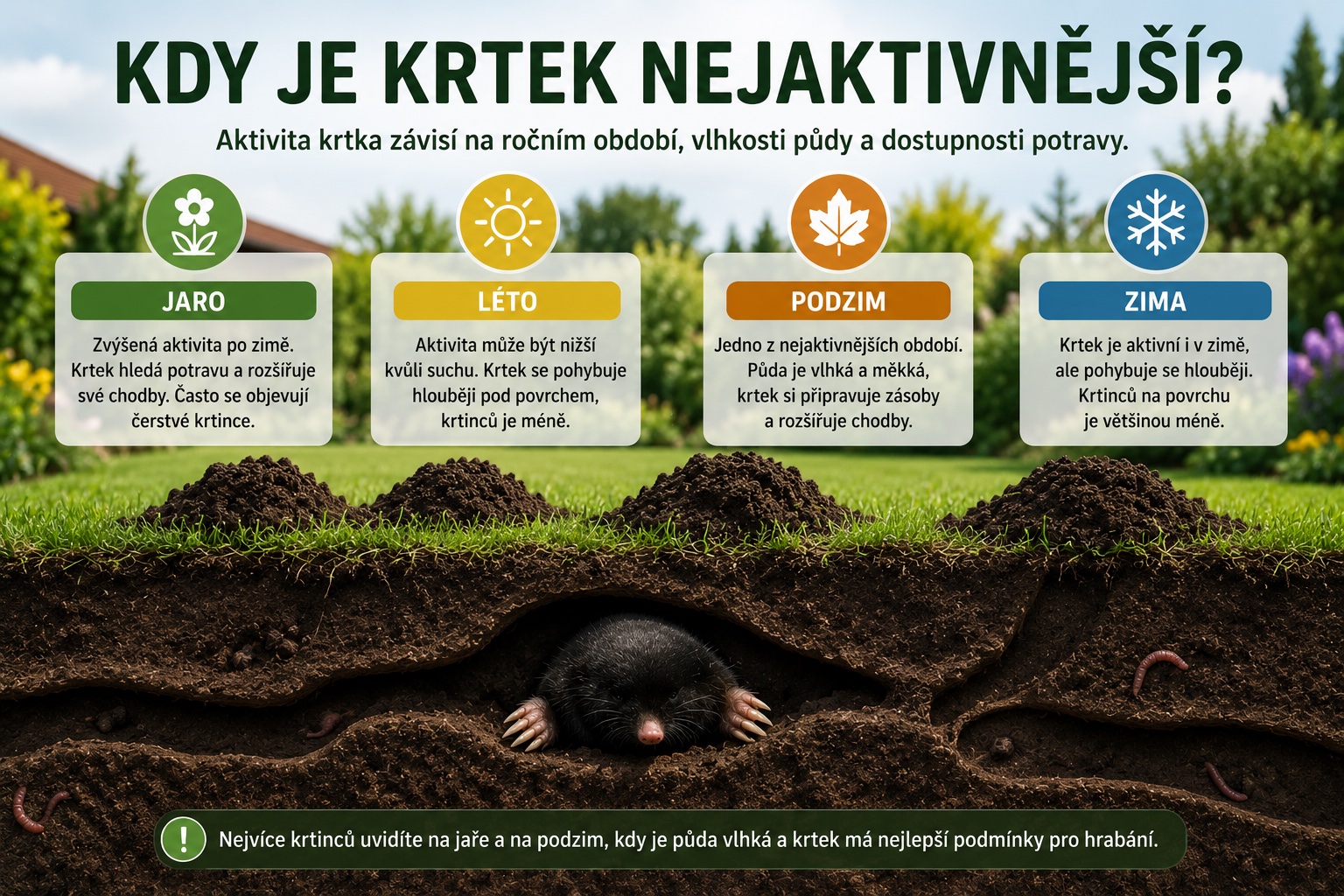 Čerstvé krtince v trávníku na zahradě